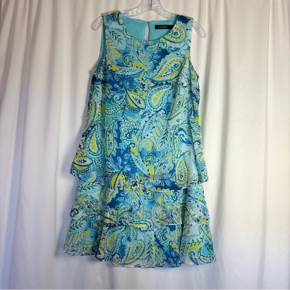 Lauren Ralph Lauren Paisley Tiered Ruffle Sleeveless Dress Blue Green Yellow 10 - Picture 2 of 10